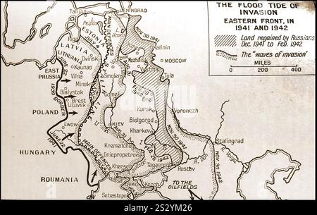 Une carte des années 1940 de la seconde Guerre mondiale montrant les mouvements sur le front de l'est. --- Eine Karte aus dem Zweiten Weltkrieg aus den 1940er-Jahren, die die die Bewegungen an der Ostfront zeigt. --- une carte de la seconde Guerre mondiale des années 1940 possède les mouvements sur le front de l'est. -- Карта Второй мировой войны 1940-х годов, показывающая передвижения войск на Восточном фронте. --- 1940. gadu Otrā pasaules kara karte, kurā redzamas kustības austrumu frontē. --- 1940. Aastate II maailmasõja kaart, mis näitab liikumist idarindel. --- Banque D'Images