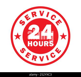 24 7 Service ouvert 24 heures sur 24 et 7 jours sur 7 icône de timbre circulaire. Bouton de signe de symbole de logo d'assistance pour la boutique. Illustration vectorielle. Isolé sur w Illustration de Vecteur