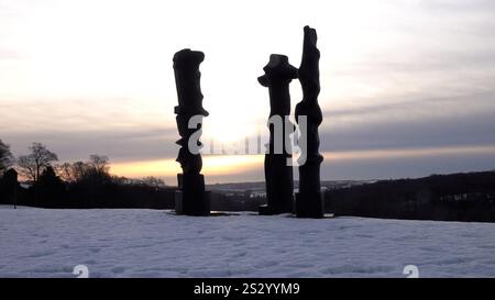 Capture d'écran tirée de PA vidéo de sculptures dans la neige au Yorkshire sculpture Park (YSP), à Wakefield, West Yorkshire. Des avertissements météorologiques pour la neige et la glace sont en vigueur dans une grande partie du Royaume-Uni après de graves inondations et la neige ont causé des perturbations dans les transports et des fermetures d'écoles. Date de la photo : mercredi 8 janvier 2025. Banque D'Images