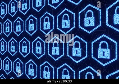 Affichage numérique pixélisé de rangées de cadenas dans une cellule hexagonale sur fond noir. Cybersécurité, cryptage des données et protection de la vie privée en ligne Banque D'Images