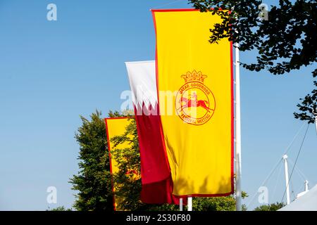 Qatar Goodwood Festival 2024 premier jour - drapeaux de l'hippodrome volant au soleil Banque D'Images