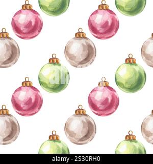 Boules d'arbre de Noël modèle sans couture, jouets en argent rouge vert diagonal. Décorations colorées du nouvel an. Illustration d'aquarelle dessinée à la main isolée sur w Banque D'Images