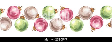 Boules d'arbre de Noël bordure sans couture, jouets en argent rouge vert. Décorations lumineuses et colorées du nouvel an. Illustration d'aquarelle dessinée à la main isolée sur Banque D'Images