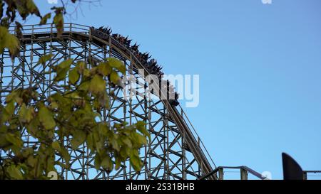 Les gens s'amusent sur la première grosse goutte des célèbres montagnes russes en bois intenses 'Colossos' du fabricant 'Intamin' au parc à thème 'Heide Park' Banque D'Images