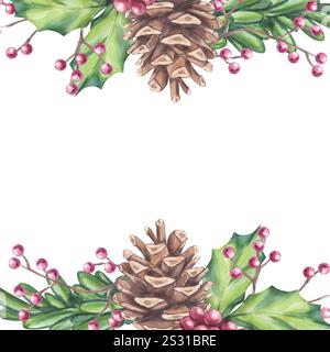 Cadre carré de Noël sapin de forêt de branche avec cône, baies rouges houx, brindilles ilex. Composition florale botanique. Symboles du nouvel an. Dessiner à la main Banque D'Images