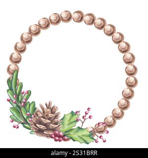 Cadre de couronne ronde de Noël. Branche de sapin de forêt avec cône, baies rouges houx, brindilles ilex. Composition florale botanique. Symboles du nouvel an. Main Banque D'Images