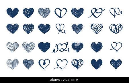 Cœurs dessinés à la main. Éléments de design pour la Saint-Valentin. Jeu de coeurs vectoriels. Illustration de Vecteur