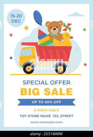 Circulaire du magasin de jouets. Dépliant vectoriel avec des jouets colorés dans le camion jouet. Affiche publicitaire. Illustration de Vecteur