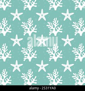 Motif turquoise de mer avec coraux blancs et silhouette d'étoile de mer. Illustration vectorielle Illustration de Vecteur