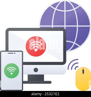Concept de périphériques connectés au réseau local sans fil, conception d'icône de couleur vectorielle de hotspots WiFi, symbole de service d'hébergement Web, signe de machines informatiques Illustration de Vecteur
