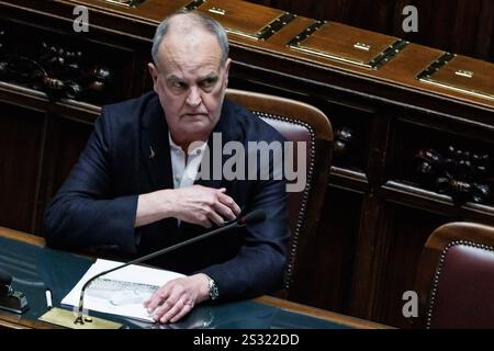 Roma, Italie. 08 janvier 2025. Il ministro per gli Affari regionali Roberto Calderoli durante il question time alla Camera dei deputati, Roma, Mercoled&#xec;, 8 Gennaio 2025 (Foto Roberto Monaldo/LaPresse) Ministre des Affaires régionales Roberto Calderoli pendant l'heure des questions à la Chambre des députés, Rome, mercredi 8 janvier 2025 (photo de Roberto Monaldo/LaPresse) crédit : LaPresse/Alamy Live News Banque D'Images