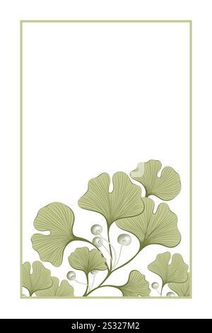 Modèle Invitaion avec des feuilles de ginkgo biloba sur fond blanc. Dessin au trait avec branches. Illustration vectorielle botanique. Illustration de Vecteur
