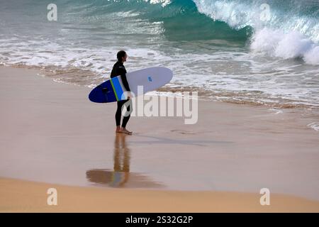 Surfeur transportant une planche de surf, Playa Piedra surf Beach, El Cotillo, Fuerteventura, Îles Canaries, Espagne. Banque D'Images