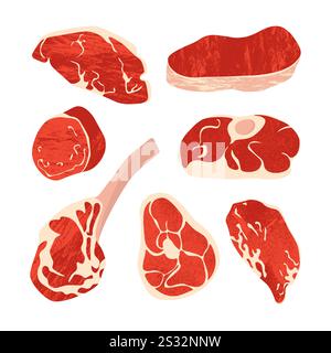 Coupes de steak de bœuf cru. Produits à base de viande de boucherie, steaks d'aloyau plat, filet marbré angus, aliments protéinés sains. Ensemble isolé de vecteur Illustration de Vecteur