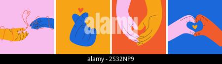 Gestes romantiques des mains. Bras et paumes humains abstraits avec différents signes d'amour et de soin, mains plates minimalistes montrant la forme du cœur. Ensemble de vecteurs Illustration de Vecteur