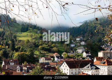 Dans une petite ville nichée au cœur d’une vallée verdoyante, entourée d’arbres imposants, la vie s’épanouit paisiblement et vibramment Banque D'Images