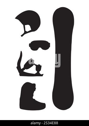 Vector Set bundle de silhouette d'équipement de snowboard dessinée à la main isolé sur fond blanc Illustration de Vecteur