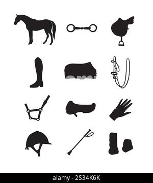 Vector Set bundle de l'icône de silhouette d'équipement équestre d'équitation dessinée à la main isolé sur fond blanc Illustration de Vecteur