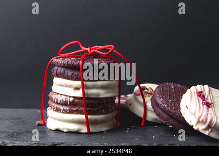 Délicieux biscuits Ischler avec glaçage au chocolat brun et blanc sur noir. Pâtisserie maison, Noël Banque D'Images