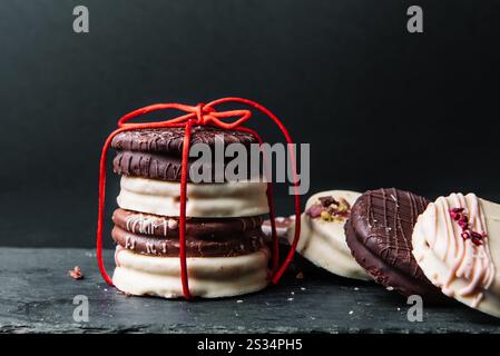 Délicieux biscuits Ischler avec glaçage au chocolat brun et blanc sur noir. Pâtisserie maison, Noël Banque D'Images