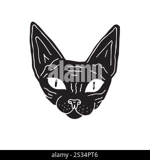 Vecteur noir dessin doodle dessiné à la main visage de chat Sphynx isolé sur fond blanc Illustration de Vecteur