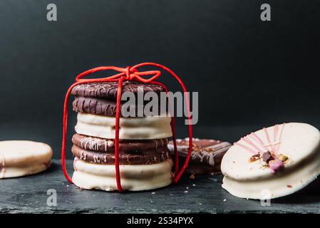 Délicieux biscuits Ischler avec glaçage au chocolat brun et blanc sur noir. Pâtisserie maison, Noël Banque D'Images