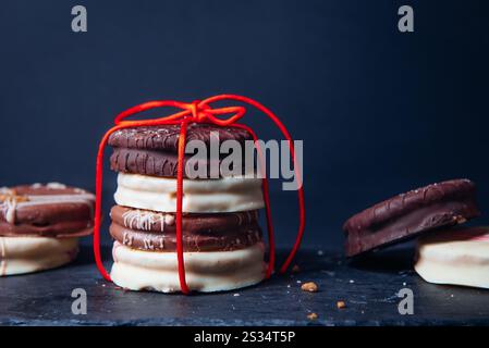 Délicieux biscuits Ischler avec glaçage au chocolat brun et blanc sur noir. Pâtisserie maison, Noël Banque D'Images