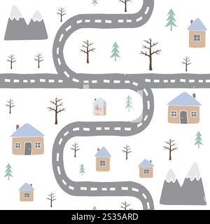 Vecteur modèle sans couture de paysage de pays plat doodle dessiné à la main isolé sur fond blanc Illustration de Vecteur