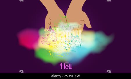Holi festival Happy India carnaval des couleurs. Poudre colorée sur les mains. Cartes postales de flyer de conception de bannière. Illustration vectorielle... Illustration de Vecteur