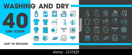 Icônes de lavage et de nettoyage à sec pour le service de blanchisserie, pictogrammes de lignes vectorielles. Icônes de nettoyage à sec de laverie automatique ou de lavage à la main vêtements et détachement de chemise, détergent et fer à repasser Illustration de Vecteur