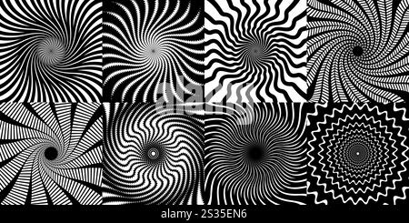 Tourbillon d'hypnose psychédélique, motifs spiraux hypnotiques. Ensemble vectoriel monochrome d'illusions optiques avec des formes circulaires tourbillonnantes, des lignes ondulées ou des rayons. Effet spiralé surréaliste noir et blanc abstrait Illustration de Vecteur