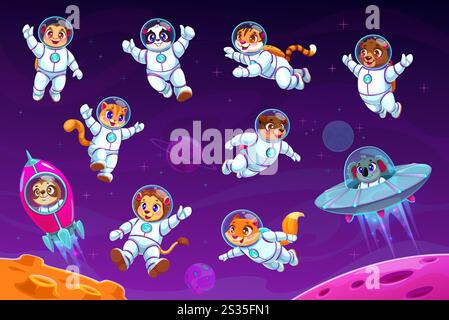 Astronautes animaliers de dessins animés dans l'espace extra-atmosphérique. Ensemble vectoriel de singe flottant mignon, chat, panda et paresseux, lion, renard, chien et ours avec des personnages de tigre ou de koala habillés comme des cosmonautes voyagent dans la galaxie lointaine Illustration de Vecteur