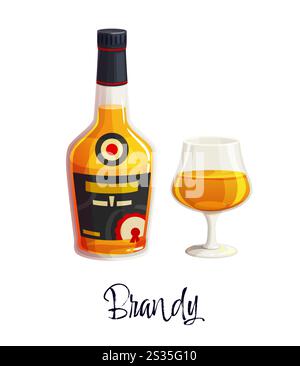 Bouteille d'alcool de brandy et verre snifter. La boisson de menu de barre vectorielle isolée présentant le liquide ambré chaud transmet un sentiment de sophistication et de richesse pour célébrer le brandy fin et les spiritueux haut de gamme Illustration de Vecteur