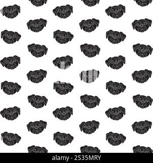 Modèle sans couture vectoriel du visage de chien de pug dessiné à la main noir doodle isolé sur fond blanc Illustration de Vecteur
