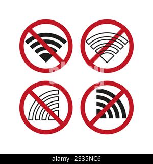 Aucun signe Wi Fi. Cercles d'interdiction rouges. Restriction du signal sans fil. Symboles de bloc Internet. Illustration de Vecteur