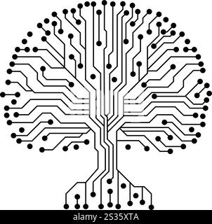 Un dessin noir et blanc d'un arbre avec de nombreux points noirs dessus. L'arbre est composé de nombreux petits points noirs, qui ressemblent aux fils d'un ordinateur. Illustration de Vecteur