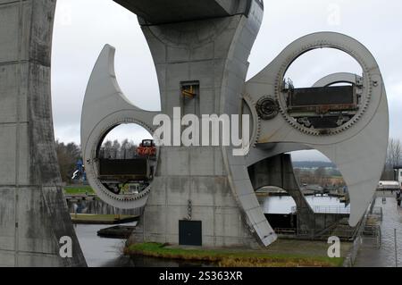 La roue de Falkirk tournant pour déplacer le bateau du canal au sommet du canal, Falkirk, Écosse, Royaume-Uni. Banque D'Images