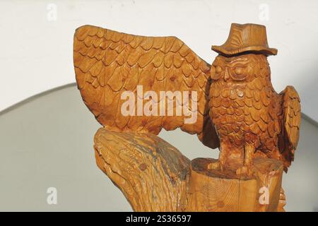 Figurine de hibou avec chapeau sur le sentier d'aventure, sculpture en bois, coiffe, artisanat, ailes, détail, grain, Postberg, Giengen an der Brenz, Souabe Alb Banque D'Images
