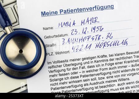 Un testament vivant en allemand. Instructions pour le médecin ou l'hôpital en cas de maladie terminale Banque D'Images