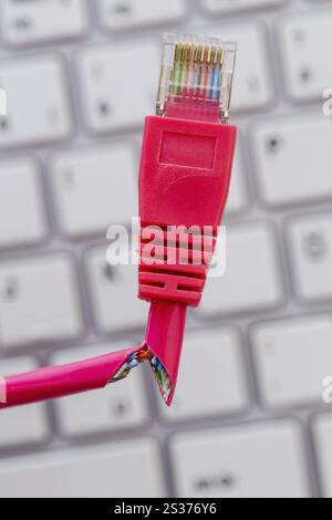 Câble réseau défectueux sur le clavier, photo symbolique pour en ligne, réseaux, interférences et espionnage Autriche Banque D'Images