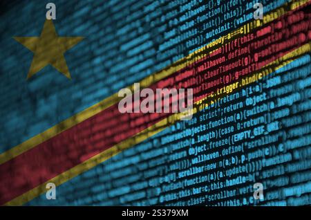 République démocratique du Congo drapeau est représenté sur l'écran avec le code du programme. Le concept de la technologie moderne et le développement de site. Banque D'Images