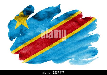 République démocratique du Congo drapeau est représenté dans un style aquarelle liquide isolé sur fond blanc. Peinture imprudente avec ombrage image de natio Banque D'Images