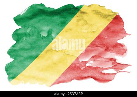 Congo drapeau est représenté dans un style aquarelle liquide isolé sur fond blanc. Peinture imprudente avec ombrage image de drapeau national. Date de l'indépendance Banque D'Images