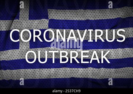 Drapeau de la Grèce et inscription à l'éclosion de Coronavirus. Concept de virus Covid-19 ou 2019-nCov Banque D'Images