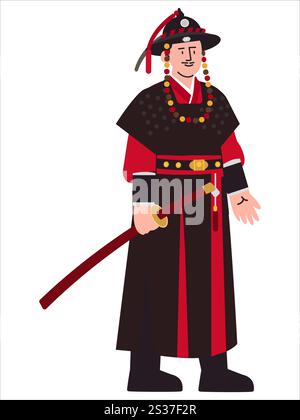 Corée du Sud militaire vêtements traditionnels Hanbok homme coréen combattant guerrier soldat héritage culture tradition vêtements historiques équipement d'arme à épée Illustration de Vecteur