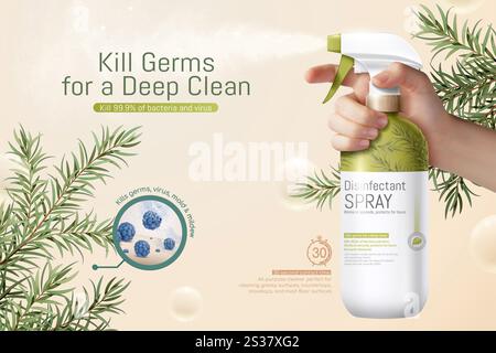 illustration 3d du modèle d'annonce de pulvérisation de désinfectant, bouteille de pulvérisation de déclenchement de main réaliste décorée avec des feuilles d'arbre à thé et des bulles flottantes. Banque D'Images