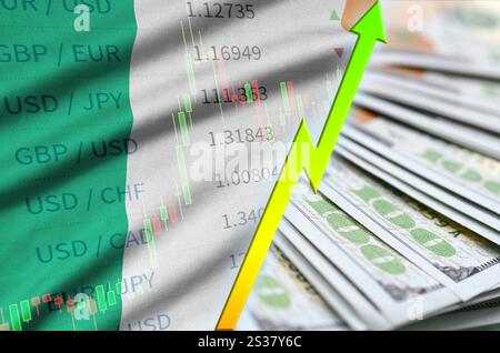 Drapeau de l'Irlande et graphique position en dollars américains croissante avec un éventail de billets en dollars. Concept d'augmentation de la valeur de la devise du dollar américain. Drapeau de l'Irlande et Banque D'Images