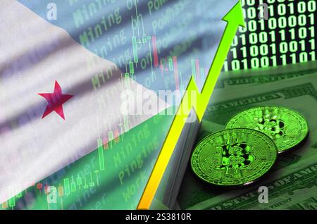 Tendance croissante du drapeau de Djibouti et de la crypto-monnaie avec deux bitcoins sur des billets de dollar et un affichage de code binaire. Concept d'augmenter Bitcoin dans le prix et Banque D'Images