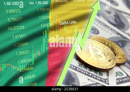 Tendance croissante du drapeau Bénin et de la crypto-monnaie avec deux bitcoins sur des billets en dollars. Concept d'augmenter Bitcoin dans le prix contre le dollar. Drapeau Bénin et Banque D'Images
