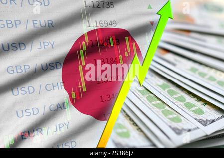 Drapeau du Japon et graphique position en dollars américains croissante avec un éventail de billets en dollars. Concept d'augmentation de la valeur de la devise du dollar américain. Drapeau et carte du Japon Banque D'Images